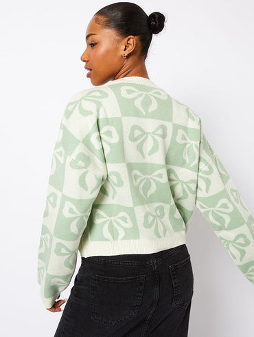 Sage Check Bow Knitted Cardigan