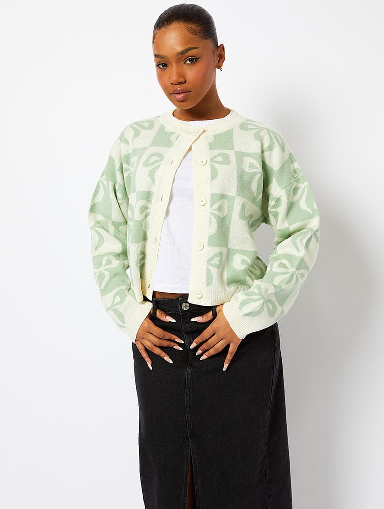 Sage Check Bow Knitted Cardigan