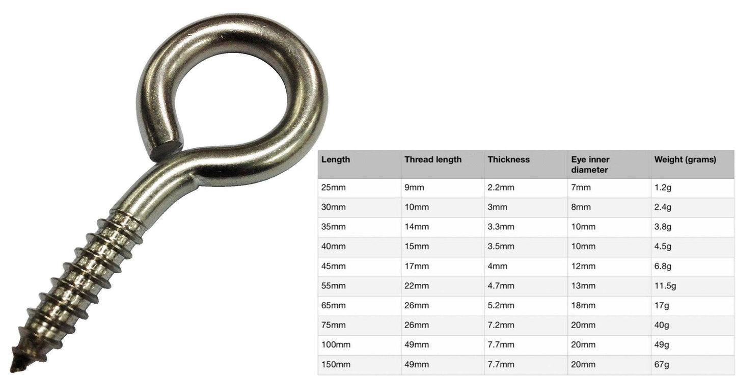 STAINLESS STEEL HEAVY DUTY SCREW IN EYE HOOKS Metal/Wood/Thread/Twist/Ring/Hoop 65mm (10pcs)