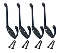 4 x Matt Black Metal Double Hat & Coat Hooks Door & Wall Clothing Hangers