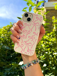 White & Pink Bows Vegan Leather iPhone Case